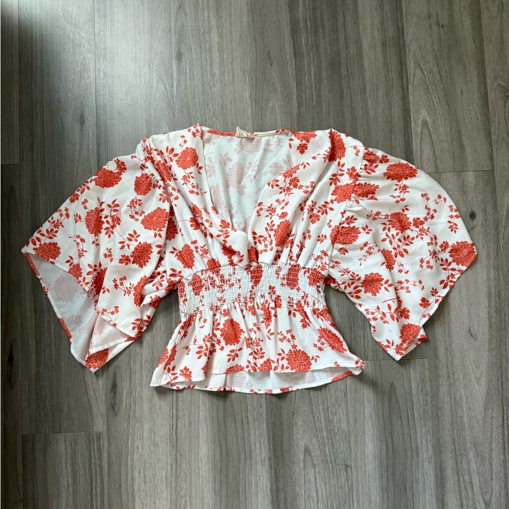 Peach Love California White and Red Ruffled Peplum Blouse